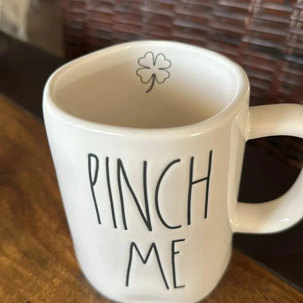 Rae Dunn “PINCH ME” coffee mug with four leaf clover inside
